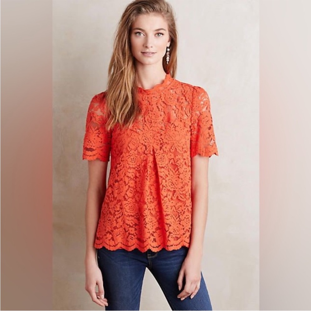 Anthropologie HD in Paris Vibrant Orange Lace Blouse